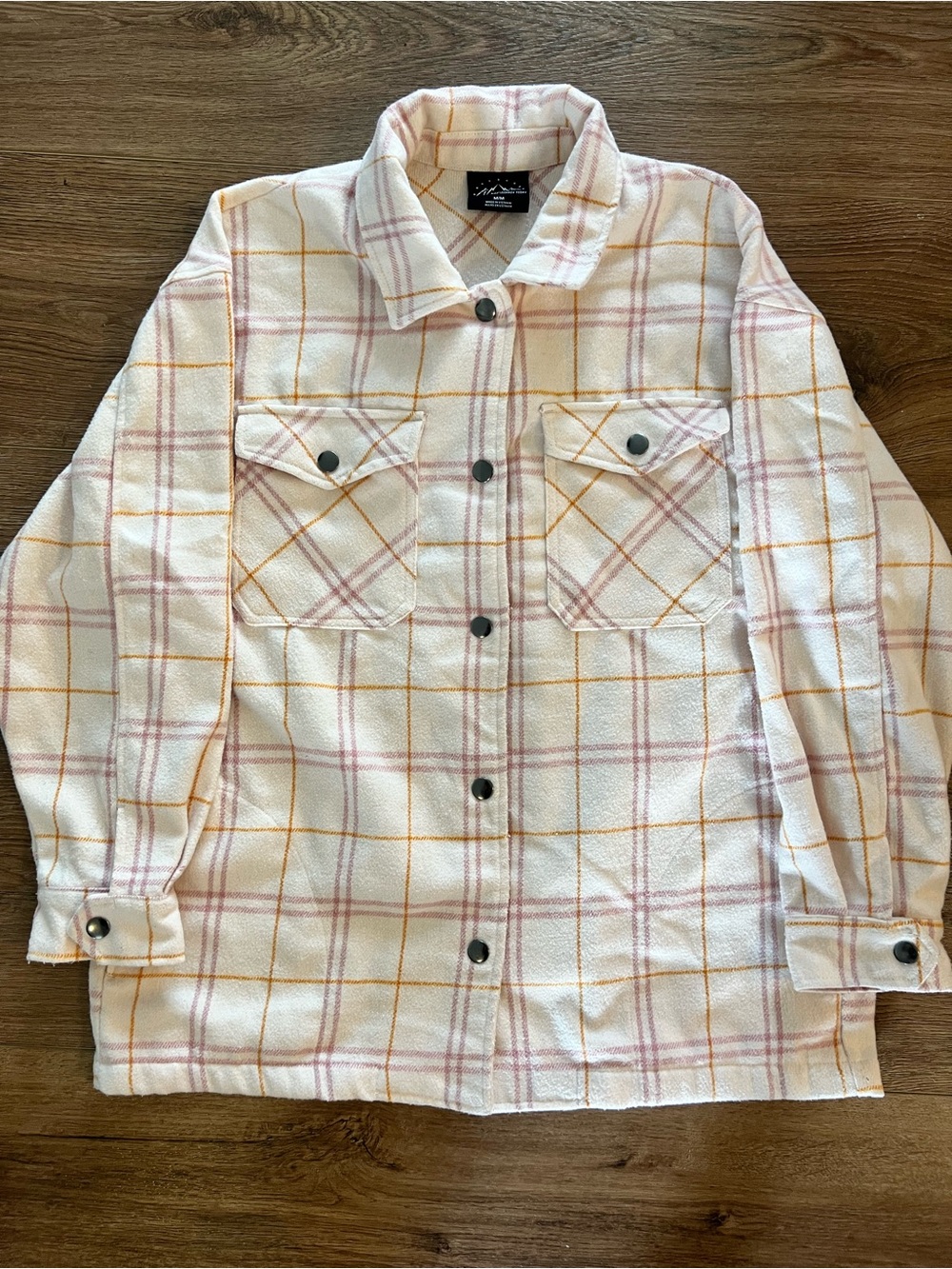 HFX Plaid Utility Shacket Jacket in blush with Pink & orange Lines